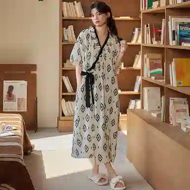 棉购 可外穿带胸垫高级感复古宽松休闲短袖夏季睡裙 女款