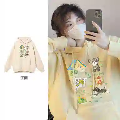 棉购 韩系甜美百搭小狗卡通印花连帽上衣学生休闲时尚宽加绒加厚卫衣 女款