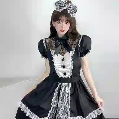 棉购 蕾丝花边蝴蝶结中长款短袖连衣裙 女款 黑色