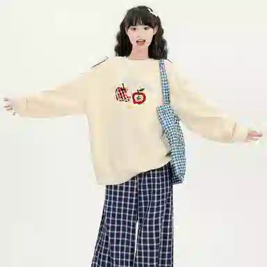 棉购 韩系卡通潮流苹果印花圆领慵懒感百搭休闲卫衣 女款