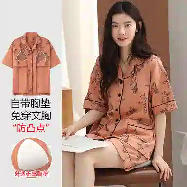 棉购 纯棉短袖短裤带胸垫宽松大码休闲睡衣套装 女款