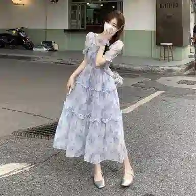 棉购 法式复古温柔风方领碎花短袖连衣裙 女款