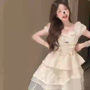棉购 法式学院风甜美蓬蓬裙泡泡袖气质修身短袖连衣裙 女款 杏色