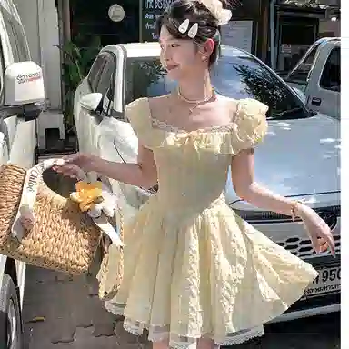 棉购 法式方领高腰收腰短袖连衣裙 女款 柠檬黄