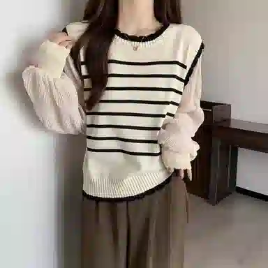 棉购 假两件圆领条纹拼接雪纺泡泡袖女新款显瘦减龄长袖针织衫 女款