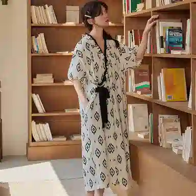 棉购 可外穿带胸垫高级感复古宽松休闲短袖夏季睡裙 女款