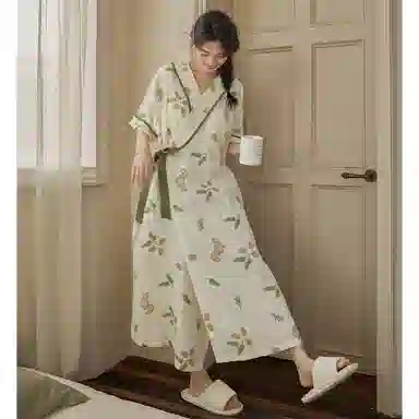 棉购 带胸垫田园风清新短袖中长款睡裙 女款