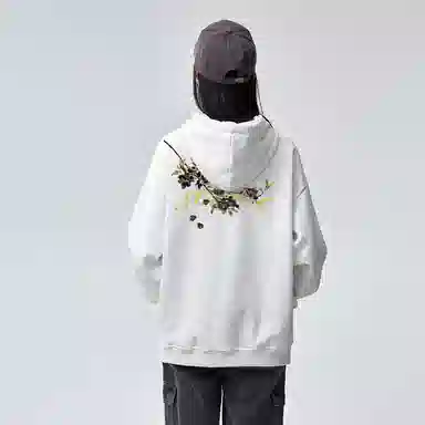 棉购 重磅黑金仿刺绣潮流连帽宽松加绒加厚中国风花卉印花上衣长袖卫衣 男女同款