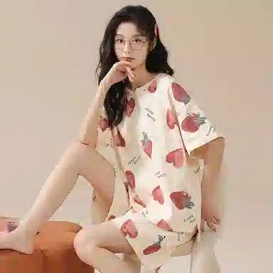 棉购 圆领休闲短袖卡通可爱可外穿家居服睡衣套装 女款 杏色