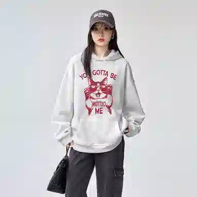 棉购 美式潮流时尚小猫连帽上衣宽松重磅春秋学院风舒适原创卫衣 男女同款