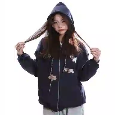 棉购 刺绣连帽加厚学生美式卡通慵懒风宽松外套卫衣 女款