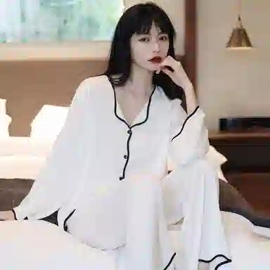 棉购 法式浪漫居家服冰丝高级性感长袖长裤睡衣套装 女款