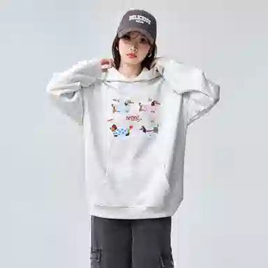 棉购 卡通魔术贴绣花潮流连帽重磅休闲百搭大码宽松加绒加厚上衣卫衣 女款