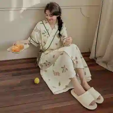 棉购 带胸垫田园风清新短袖中长款睡裙 女款