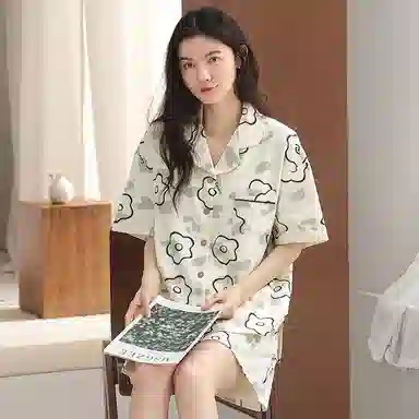棉购 可外穿薄款带胸垫短袖三分裤夏季睡衣套装 女款