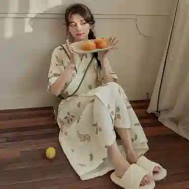 棉购 带胸垫田园风清新短袖中长款睡裙 女款