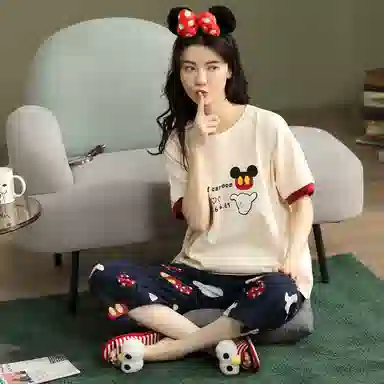 棉购 可爱拼色短袖七分裤可外穿睡衣套装 女款 卡通杏