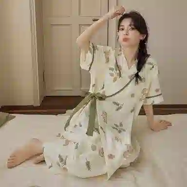 棉购 带胸垫田园风清新短袖中长款睡裙 女款