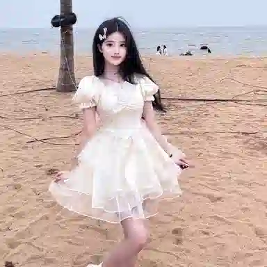 棉购 法式甜辣风蓬蓬裙女甜美收腰公主裙短袖连衣裙 女款 杏色