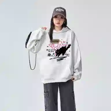 棉购 美式复古潮重磅连帽宽松卡通加绒加厚外套卫衣 男女同款