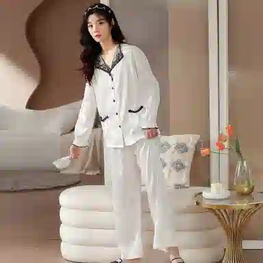 棉购 法式浪漫居家服高级性感长袖长裤睡衣套装 女款 典雅白