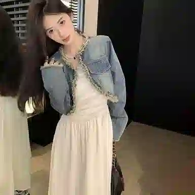 棉购 做旧毛边流苏长袖牛仔外套设计感宽松短款连衣裙裙装套装 女款