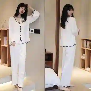 棉购 法式浪漫居家服冰丝高级性感长袖长裤睡衣套装 女款