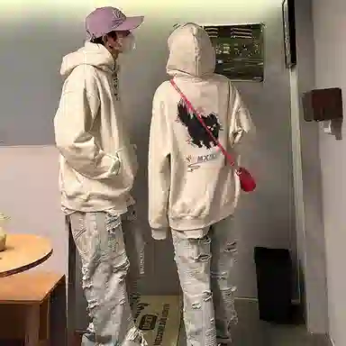 棉购 猫咪设计感连帽薄款港味舒适美式街头风印花加绒加厚圆领小众学生潮流休闲百搭卫衣 女