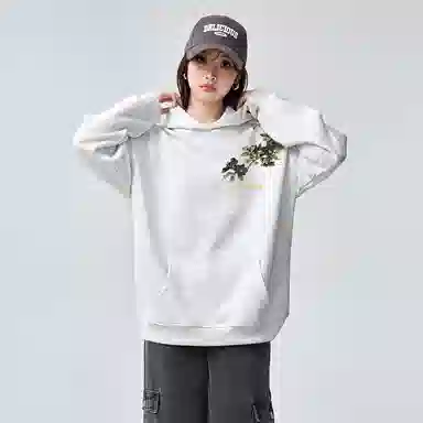 棉购 重磅黑金仿刺绣潮流连帽宽松加绒加厚中国风花卉印花上衣长袖卫衣 男女同款