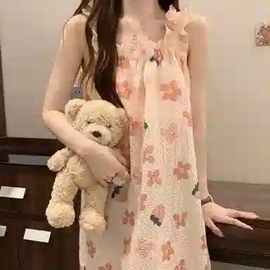棉购 自带胸垫韩系碎花居家服可爱甜美无袖吊带睡裙 女款