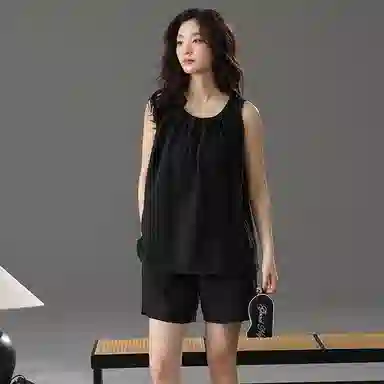 棉购 纯色圆领套头无袖带胸垫舒适透气睡衣套装 女款 黑色
