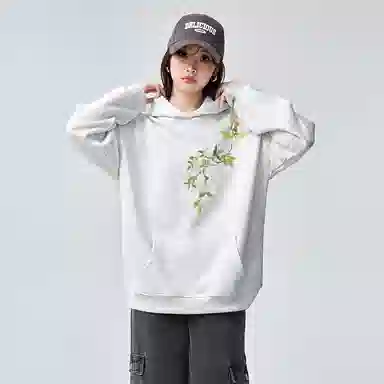 棉购 宽松国潮学生花卉印花带帽套头休闲加绒外套卫衣 女款
