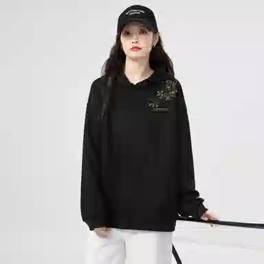 棉购 重磅黑金仿刺绣潮流连帽宽松加绒加厚中国风花卉印花上衣长袖卫衣 男女同款