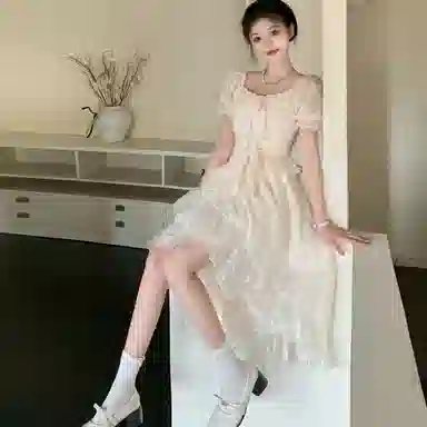 棉购 不规则荷叶边纯色短袖连衣裙 女款 杏色