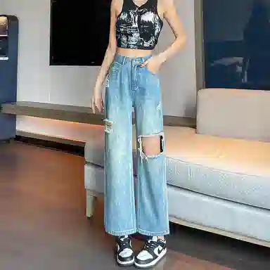 棉购 破洞高腰宽松薄款直筒九分裤牛仔裤 女款