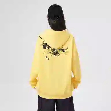 棉购 重磅黑金仿刺绣潮流连帽宽松加绒加厚中国风花卉印花上衣长袖卫衣 男女同款