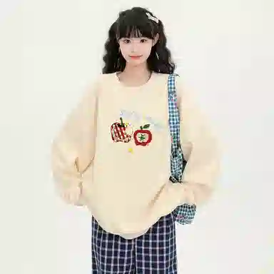 棉购 韩系卡通潮流苹果印花圆领慵懒感百搭休闲卫衣 女款