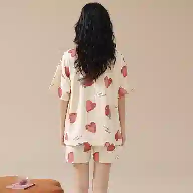 棉购 圆领休闲短袖卡通可爱可外穿家居服睡衣套装 女款 杏色