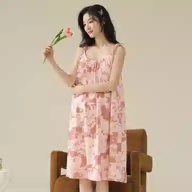 棉购 带胸垫防凸点冰凉无袖睡裙 女款 藕色