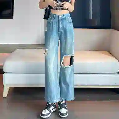 棉购 破洞高腰宽松薄款直筒九分裤牛仔裤 女款
