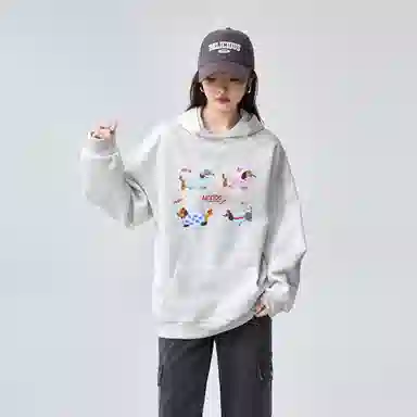 棉购 卡通魔术贴绣花潮流连帽重磅休闲百搭大码宽松加绒加厚上衣卫衣 女款