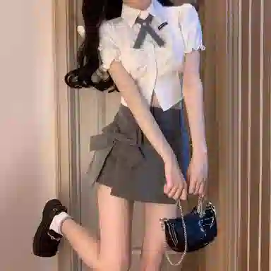 棉购 学院风短袖衬衫蝴蝶结高腰开叉包臀半身短裙裤裙装套装 女款 纯色
