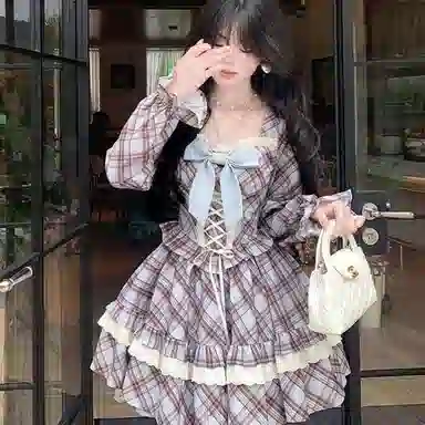 棉购 甜美小个子复古格纹蕾丝蝴蝶结绑带收腰方口领蓬蓬公主裙长袖连衣裙 女款