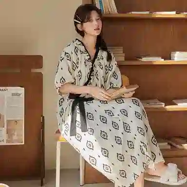 棉购 可外穿带胸垫高级感复古宽松休闲短袖夏季睡裙 女款
