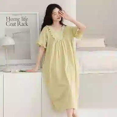 棉购 蕾丝花边舒适透气可外穿短袖睡裙 女款