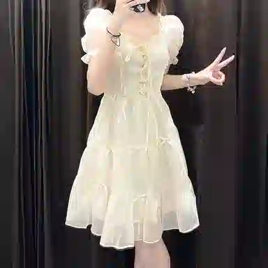 棉购 法式甜美茶歇蓬蓬裙出游海边高级感泡泡袖显瘦短袖连衣裙 女款 杏色