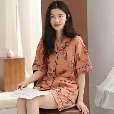 棉购 纯棉短袖短裤带胸垫宽松大码休闲睡衣套装 女款