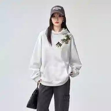 棉购 重磅黑金仿刺绣潮流连帽宽松加绒加厚中国风花卉印花上衣长袖卫衣 男女同款