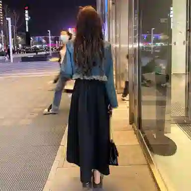 棉购 做旧毛边流苏长袖牛仔外套设计感宽松短款连衣裙裙装套装 女款