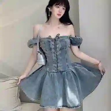 棉购 系带纯色短款短袖连衣裙 女款 蓝色